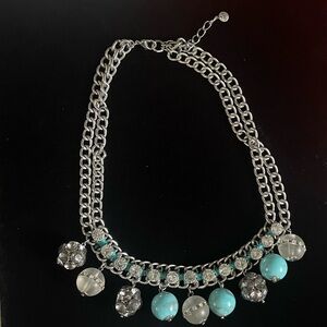 LOFT Faux Blue Turquoise Clear Rhinestone Chunky Dangling Beads Necklace